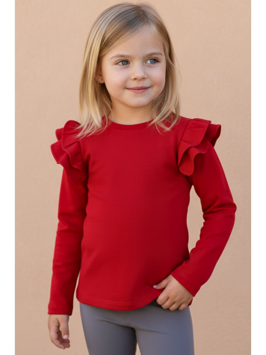 Kız Çocuk Kırmızı Omuz Fırfırlı Bisiklet Yaka Yılbaşı Body Bluz-1