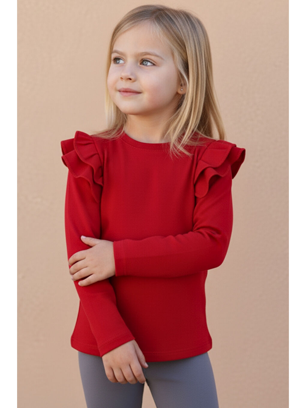 Kız Çocuk Kırmızı Omuz Fırfırlı Bisiklet Yaka Yılbaşı Body Bluz-2