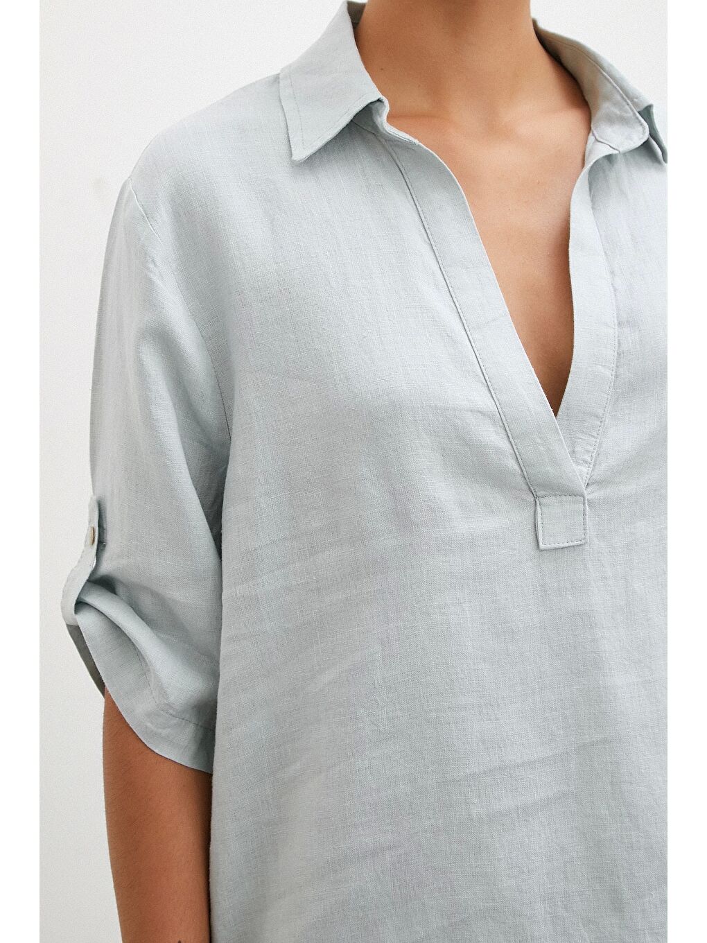 Karışık Gömlek Yaka Keten Elbise Mint-2