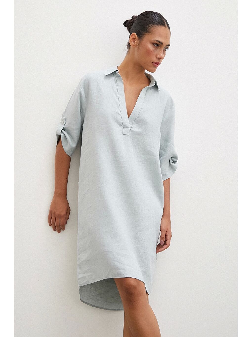 Karışık Gömlek Yaka Keten Elbise Mint-3