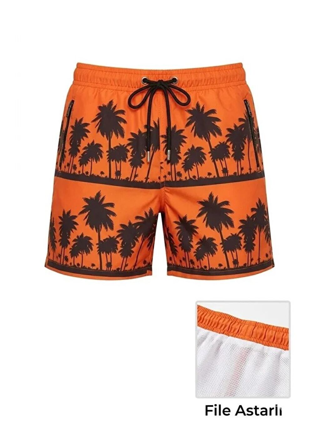Erkek Deniz Şortu Fermuarlı Cepli File Astarlı Hızlı Kuruyan Premium - Turuncu