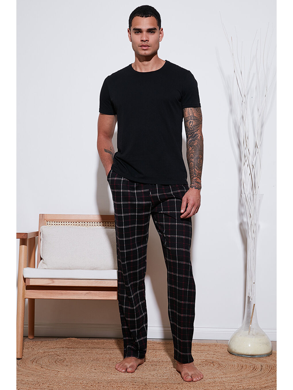 Siyah Pamuklu Regular Fit Normal Bel Düz Paça Cepli %100 Pamuk Pijama Altı 6574003