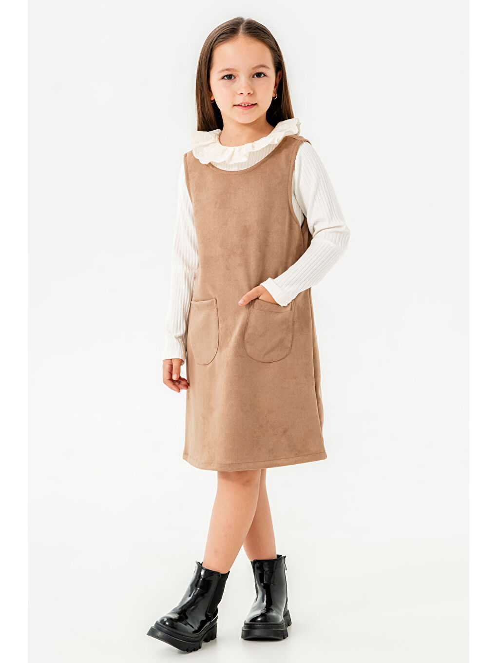 Kız Çocuk Bej Yaka Detaylı Cepli 3-7 Yaş Badili Elbise - 3701-3