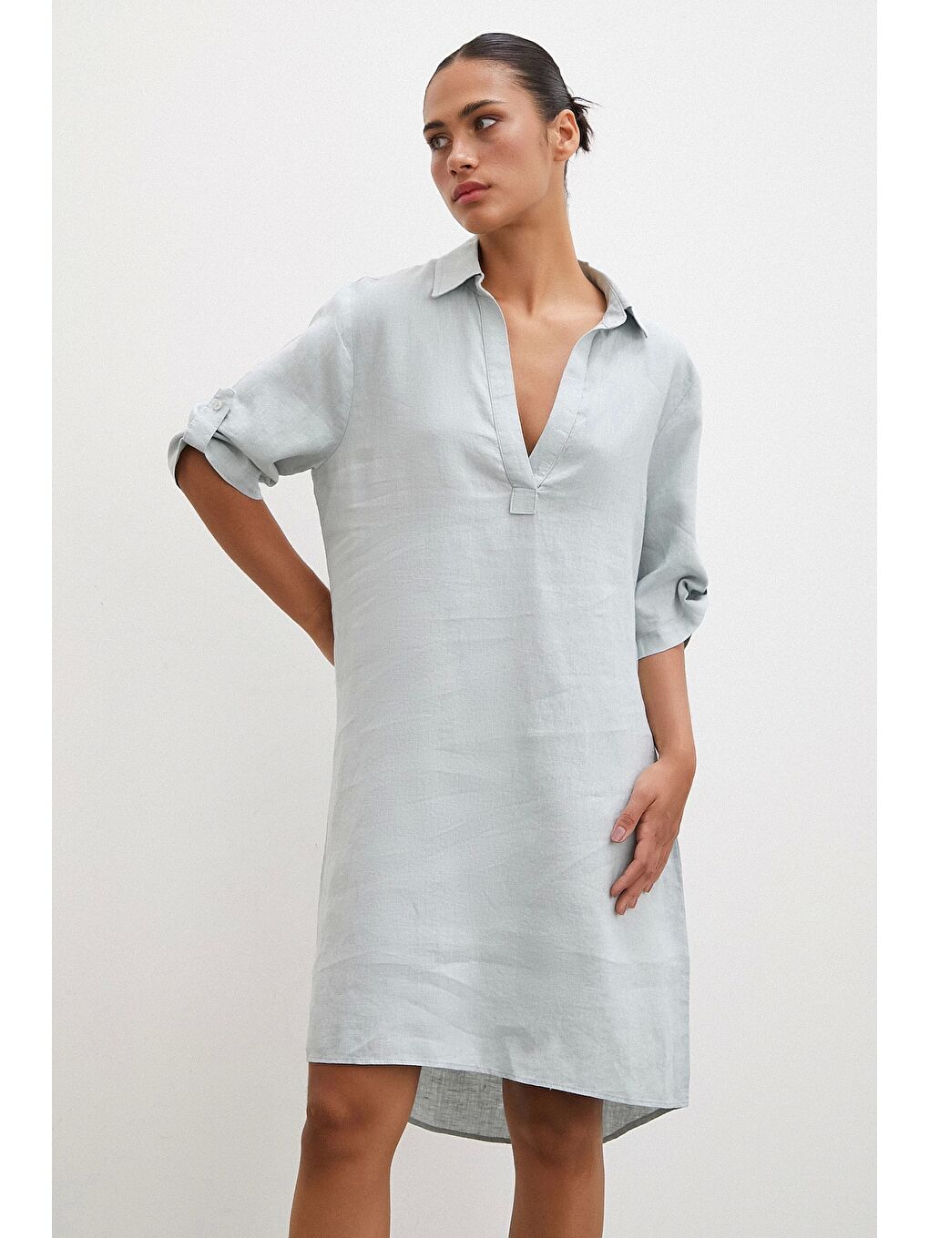 Karışık Gömlek Yaka Keten Elbise Mint-4