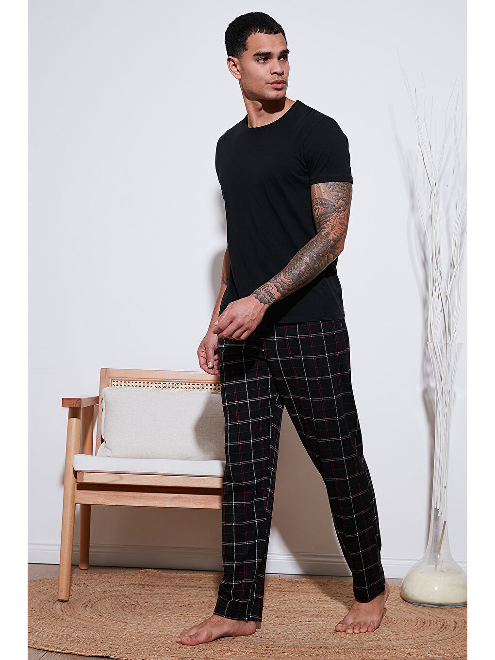 Siyah Pamuklu Regular Fit Normal Bel Düz Paça Cepli %100 Pamuk Pijama Altı 6574003-1