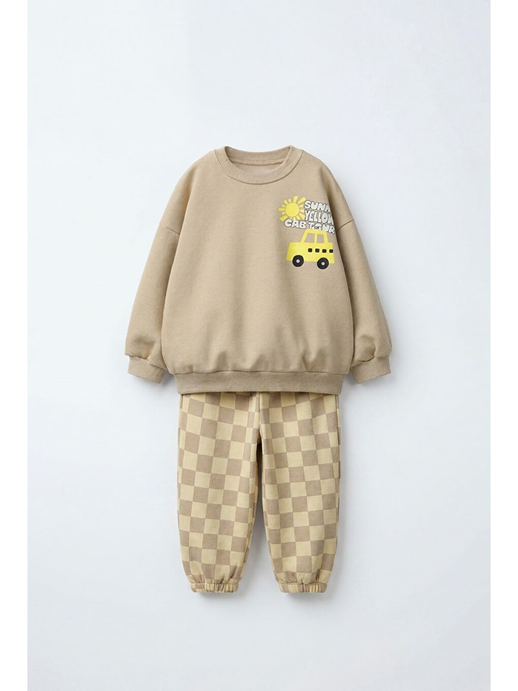 Karışık Çocuk Baskılı Bej Sweatshirt Ve Dama Desenli Eşofman Altı Takımı