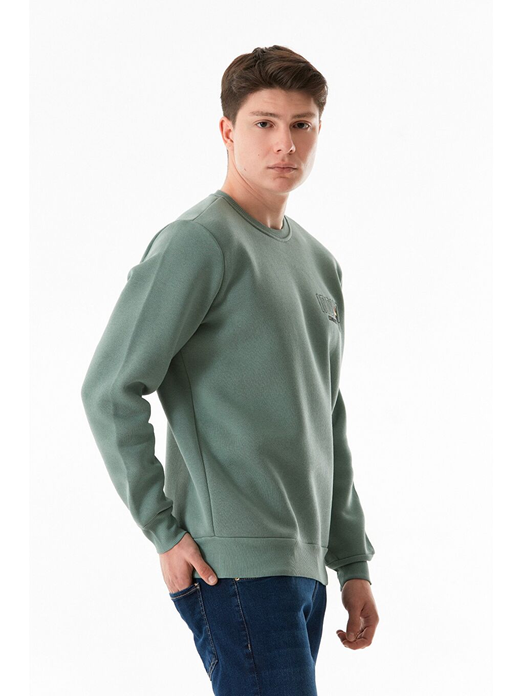 Fullamoda Turkuaz 3 İplik Yazı Nakışlı Bisiklet Yaka Sweatshirt - 2