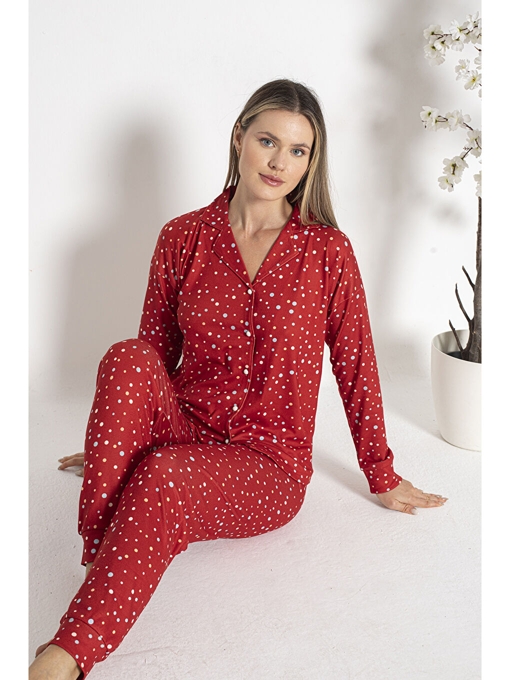 Kadın Termal Önü Düğmeli Pijama Takımı 24492 Kırmızı-1