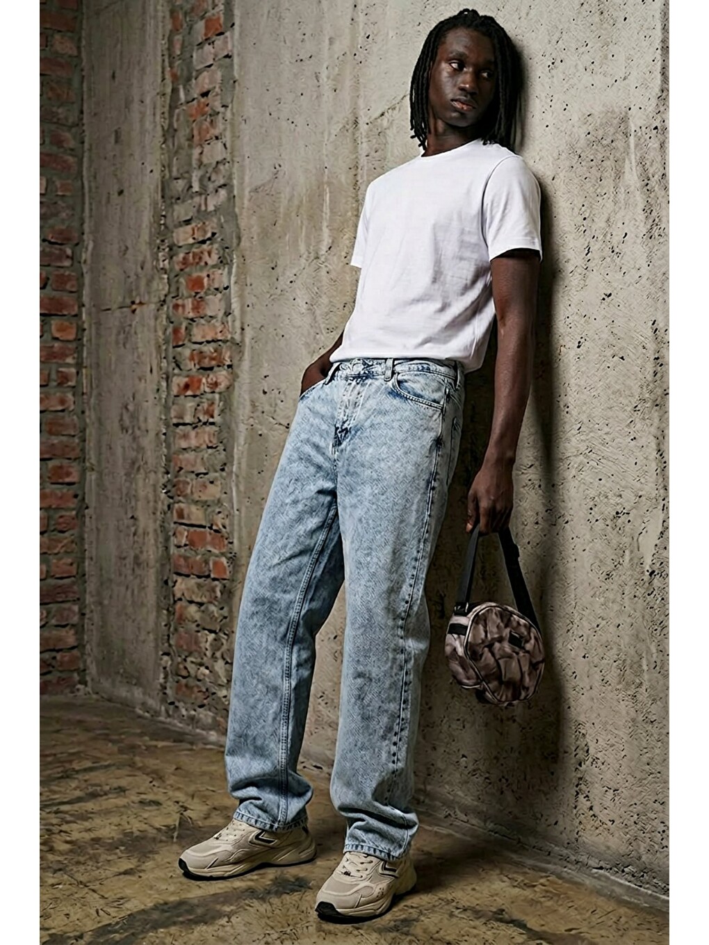 Beyaz Erkek Pamuklu Casual Kar Mavi Bol Jean Pantolon-3