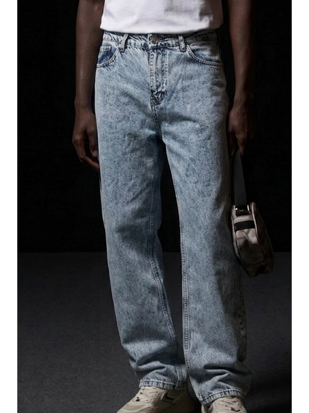 Beyaz Erkek Pamuklu Casual Kar Mavi Bol Jean Pantolon-4