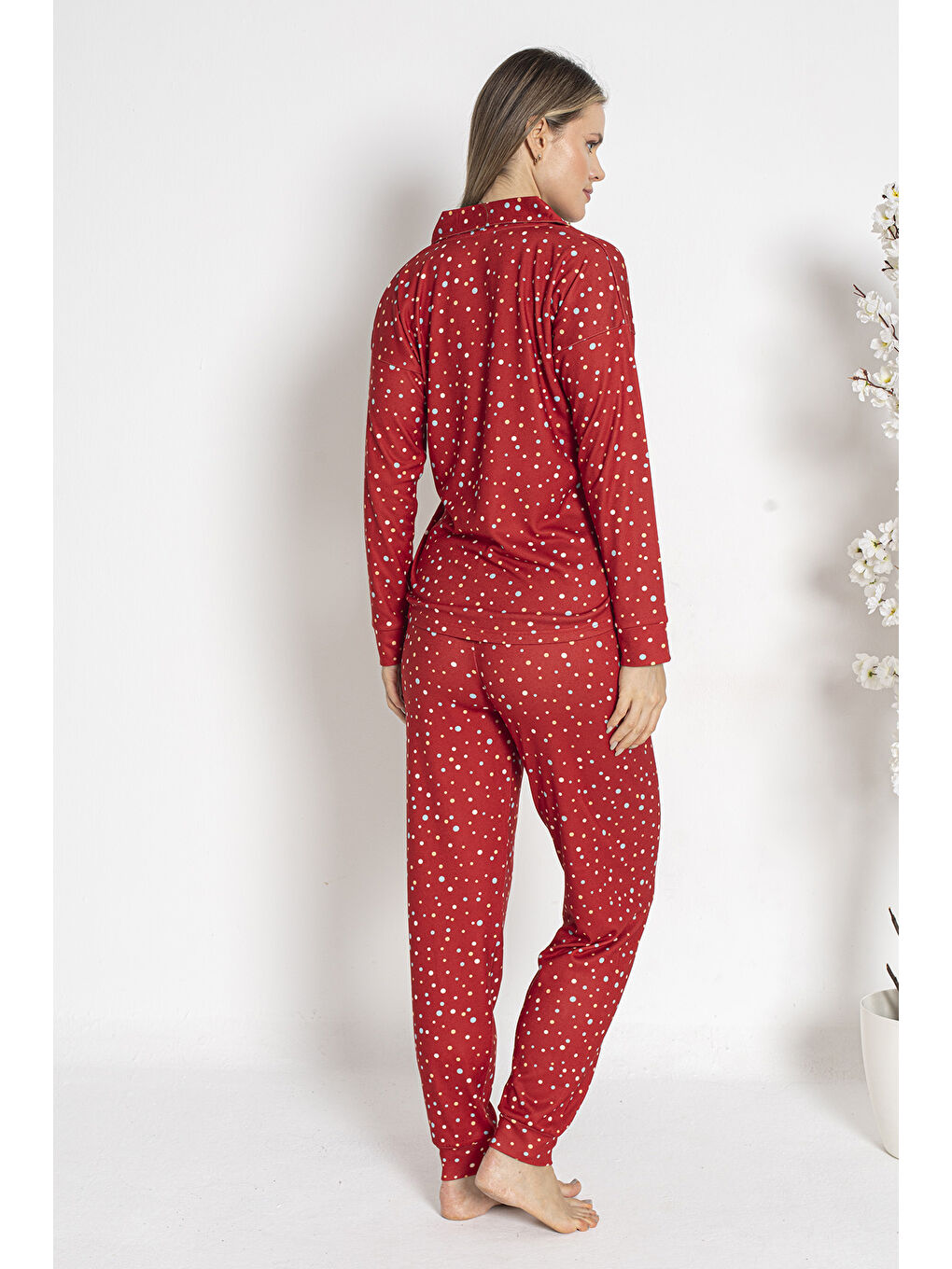 Kadın Termal Önü Düğmeli Pijama Takımı 24492 Kırmızı-2