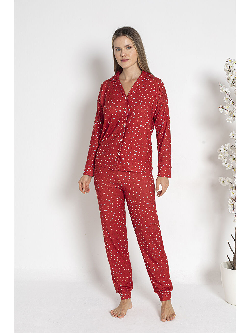 Kadın Termal Önü Düğmeli Pijama Takımı 24492 Kırmızı-3