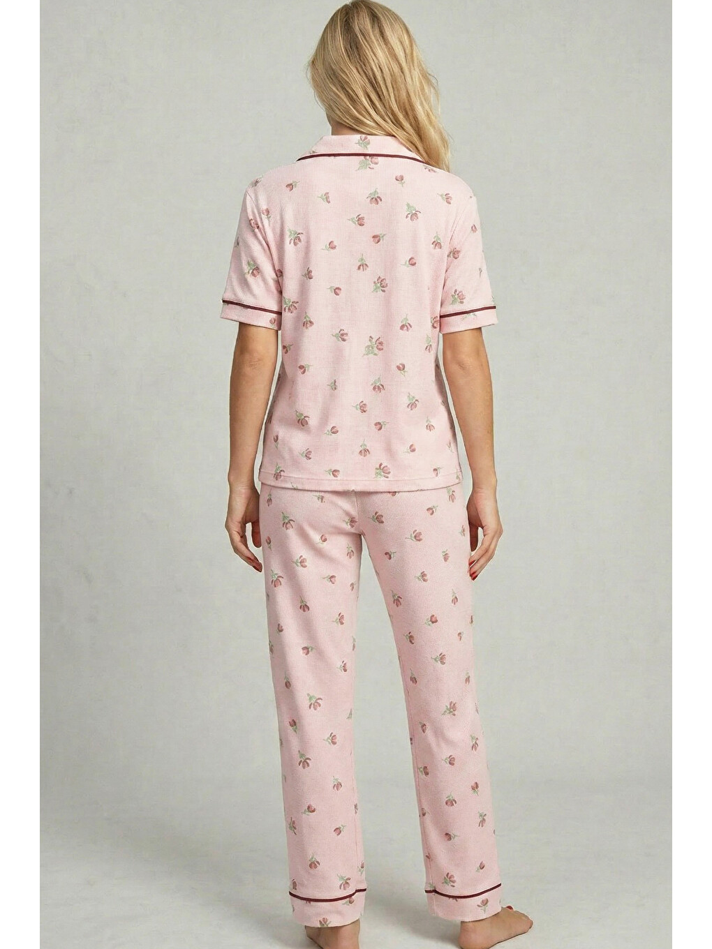 Pembe Lale Desenli Bürümcük-krınkıl Kısa Kollu Düğmeli Biyeli Pijama Takım 7930-2