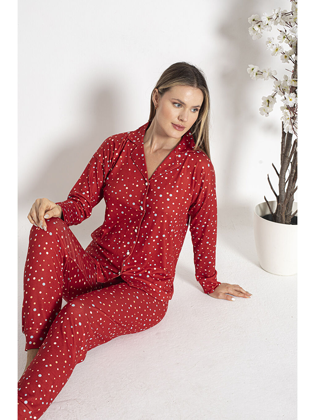 Kadın Termal Önü Düğmeli Pijama Takımı 24492 Kırmızı-4