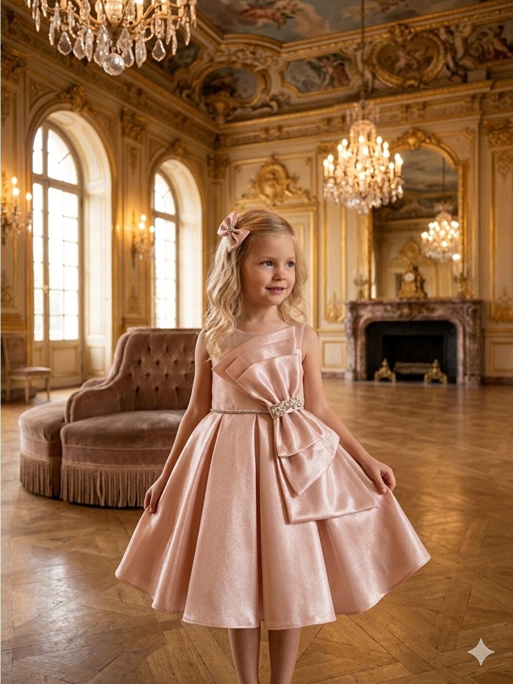 Pembe Kız Çocuk, Swarovski Taş Aksesuarlı, Kurdele Detaylı, Midi, Abiye Elbise