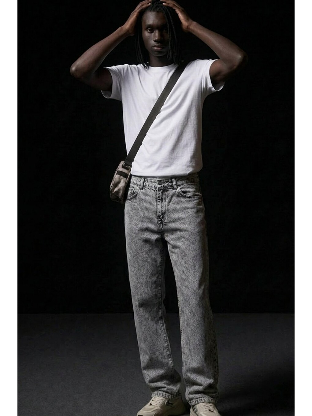 Erkek Pamuklu Casual Açık Gri Bol Jean Pantolon-1