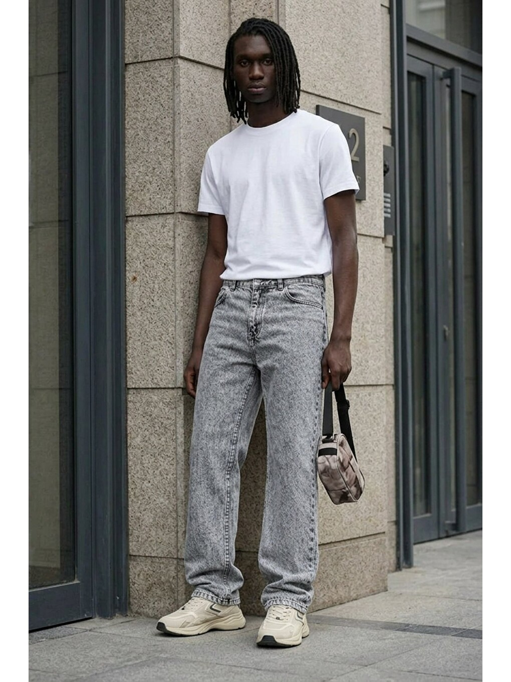 Erkek Pamuklu Casual Açık Gri Bol Jean Pantolon-3