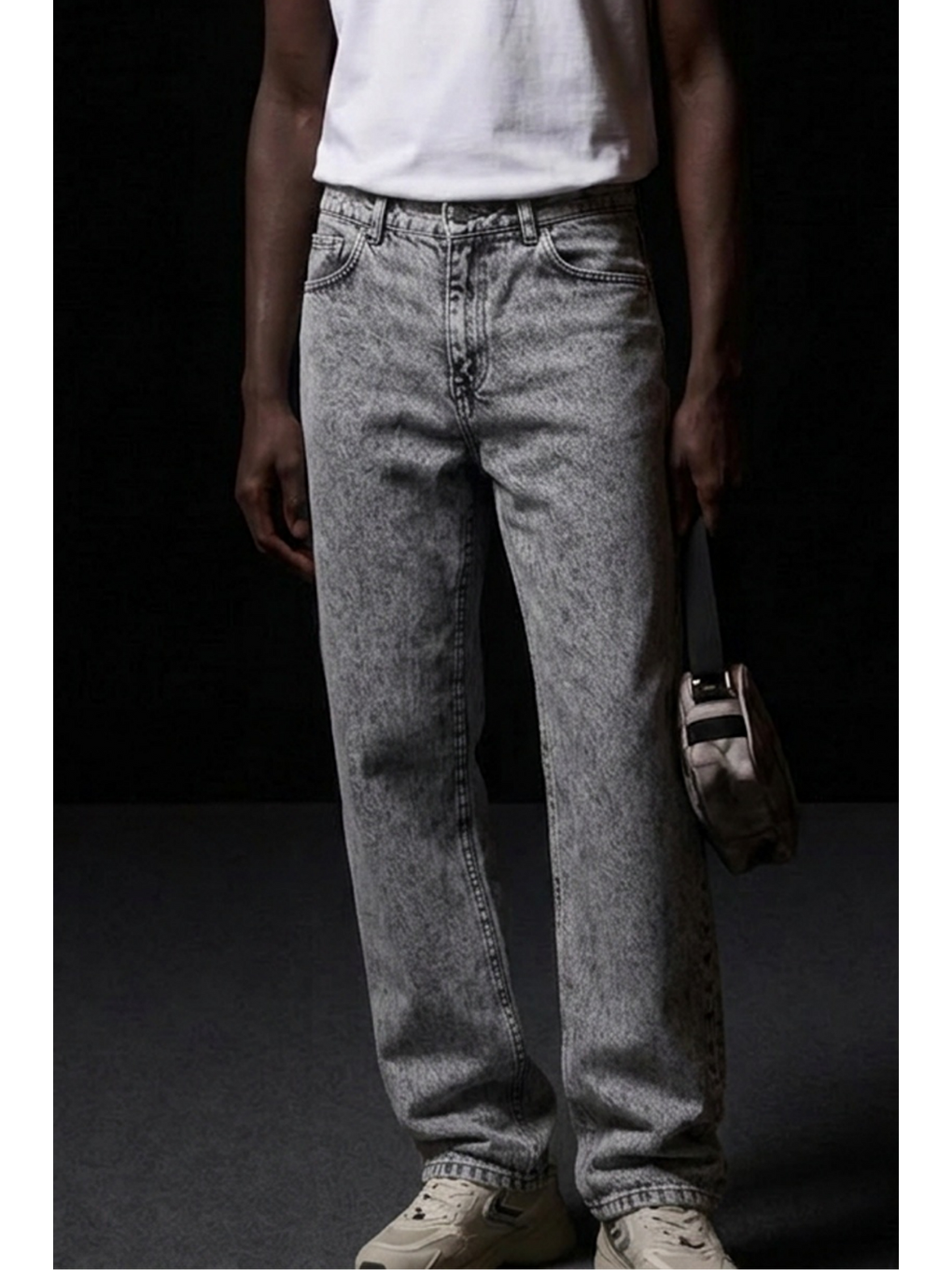 Erkek Pamuklu Casual Açık Gri Bol Jean Pantolon-4