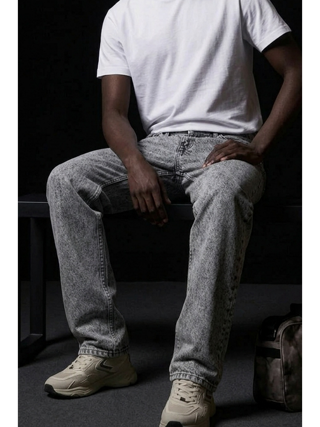 Erkek Pamuklu Casual Açık Gri Bol Jean Pantolon-5