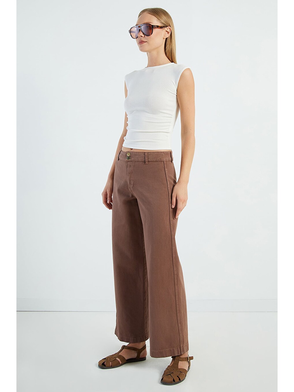 Bej Çift Düğmeli Gabardin Pantolon-1