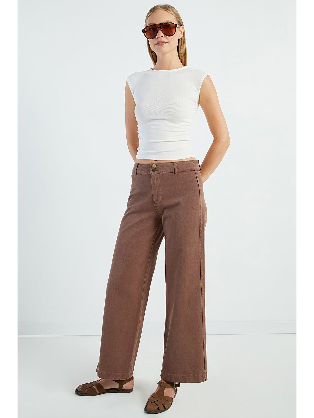 Bej Çift Düğmeli Gabardin Pantolon-2