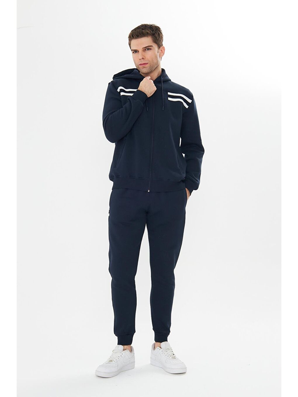 Erkek İçi Polarlı Kapüşonlu Kışlık Eşofman Takımı Lacivert 9520-L-1