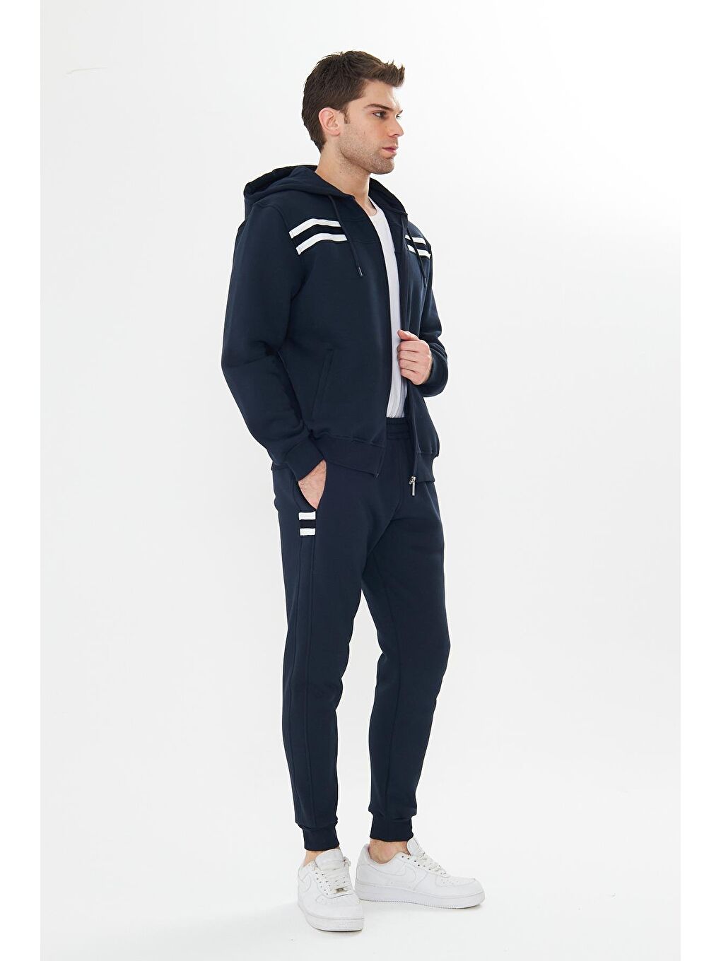 Erkek İçi Polarlı Kapüşonlu Kışlık Eşofman Takımı Lacivert 9520-L-3