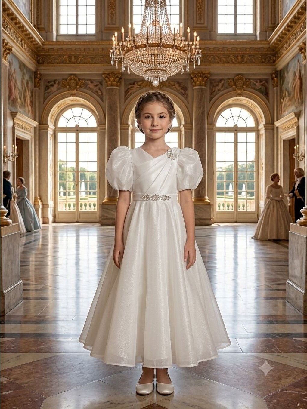 Ekru Kız Çocuk, Swarovski Taş Detaylı, Balon Kol,çiçek Aksesuarlı,uzun, Prenses Elbise