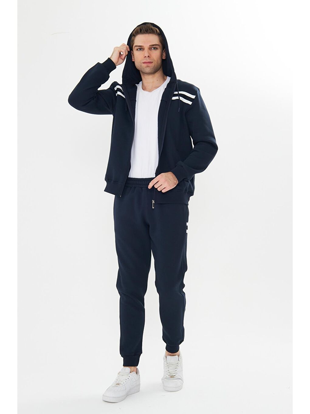 Erkek İçi Polarlı Kapüşonlu Kışlık Eşofman Takımı Lacivert 9520-L-4