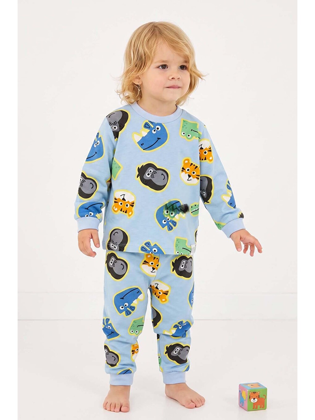 Erkek Bebek Bisiklet Yaka Bilekleri Lastikli Maymun Ve Aslan Baskılı Mavi Pijama Takımı