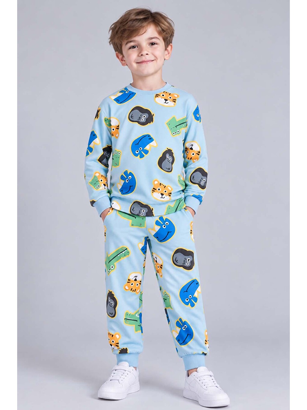 Erkek Bebek Bisiklet Yaka Bilekleri Lastikli Maymun Ve Aslan Baskılı Mavi Pijama Takımı-1
