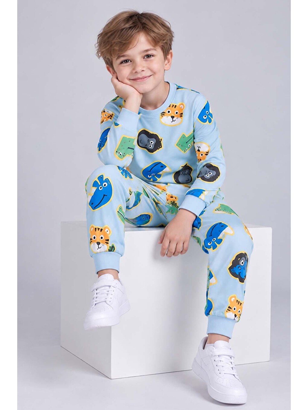 Erkek Bebek Bisiklet Yaka Bilekleri Lastikli Maymun Ve Aslan Baskılı Mavi Pijama Takımı-2