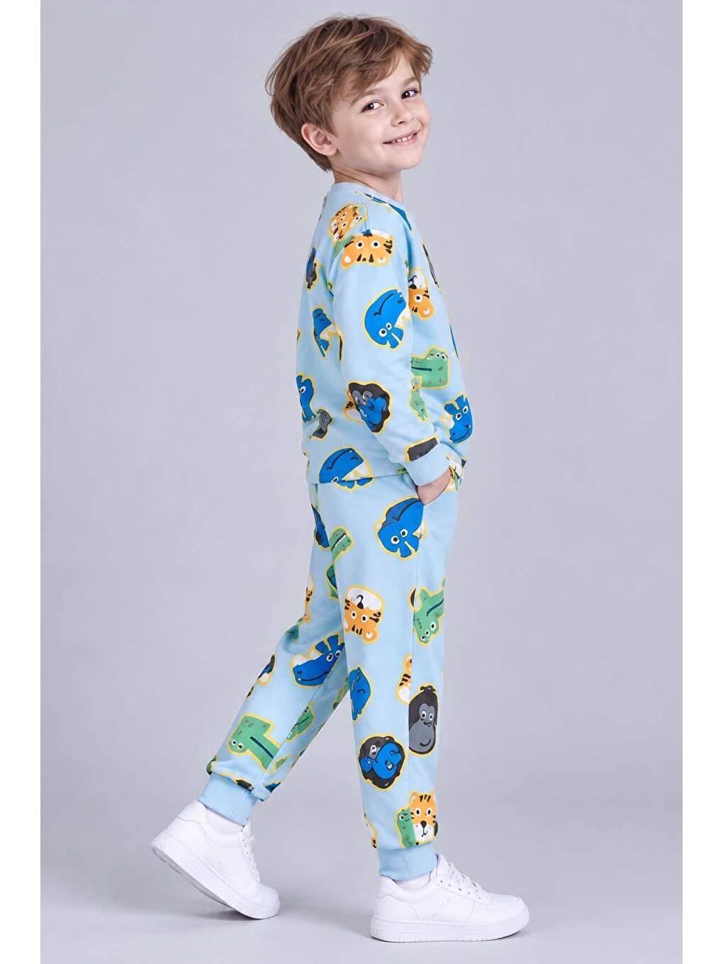 Erkek Bebek Bisiklet Yaka Bilekleri Lastikli Maymun Ve Aslan Baskılı Mavi Pijama Takımı-3