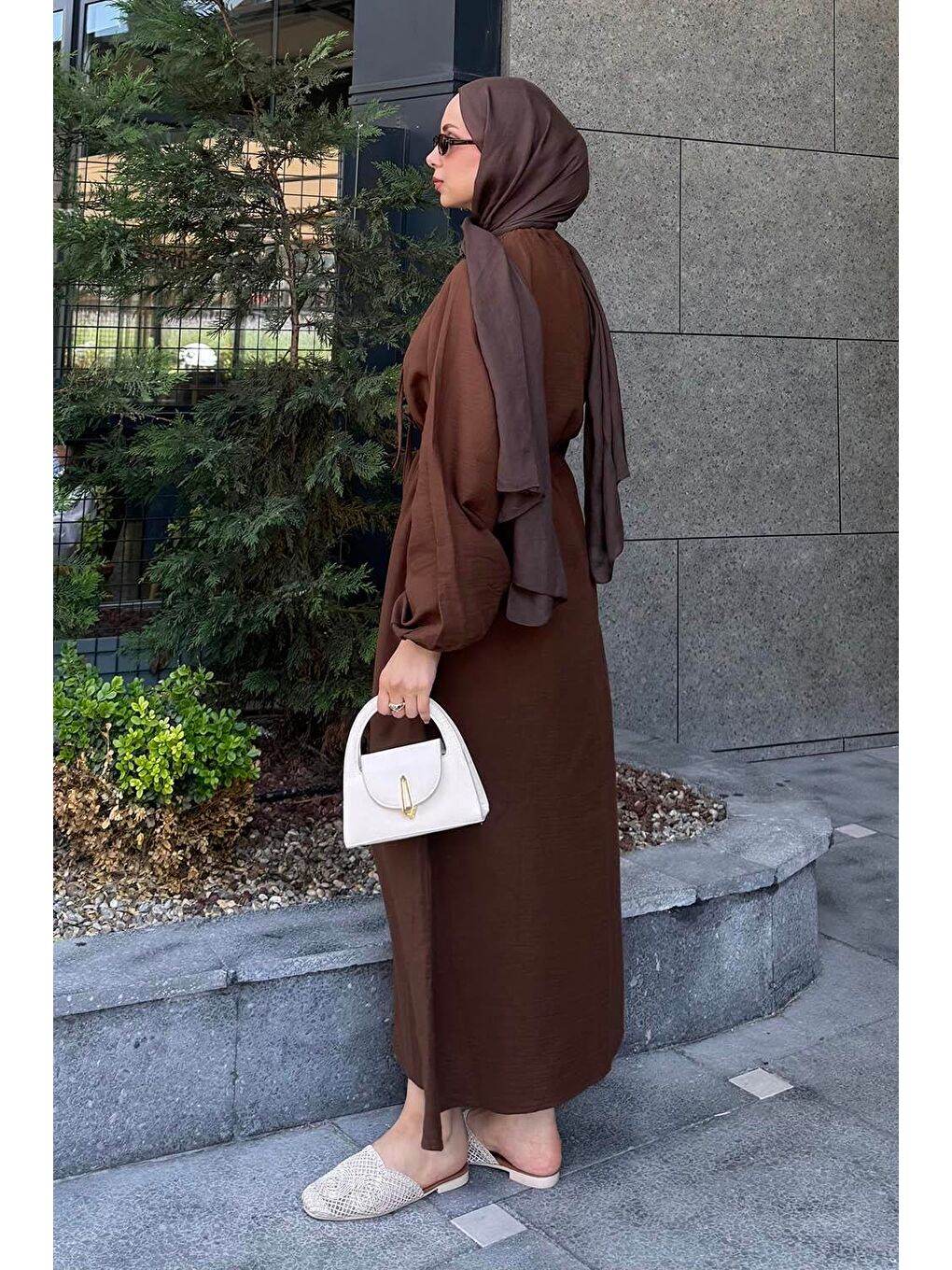 Balon Kol Bağlamalı Tesettür Elbise Acı Kahverengi-1