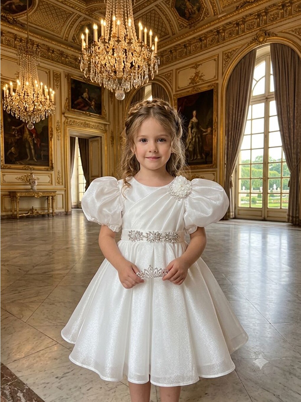 Ekru Kız Çocuk,swarovski Taş Detaylı ,balon Kollu, Prenses Elbise