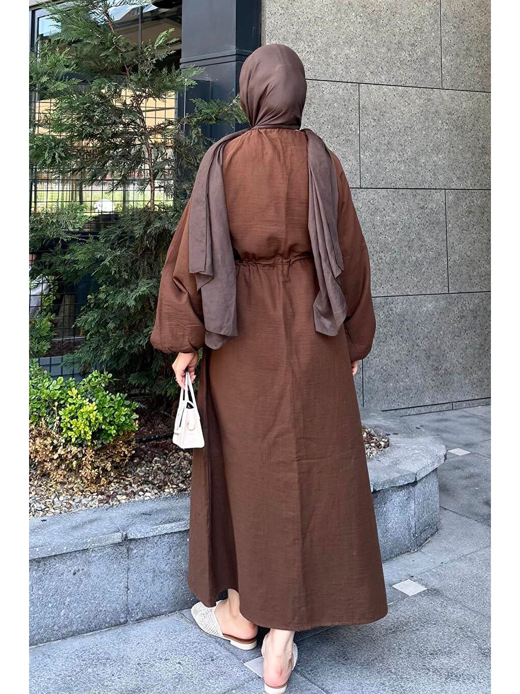 Balon Kol Bağlamalı Tesettür Elbise Acı Kahverengi-3