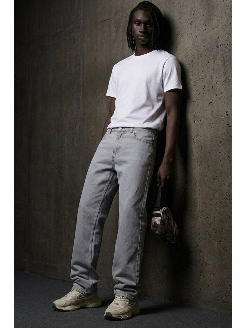 Erkek Pamuklu Casual Gri Bol Jean Pantolon-3