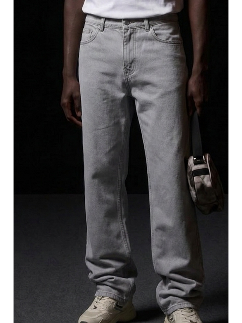 Erkek Pamuklu Casual Gri Bol Jean Pantolon-4