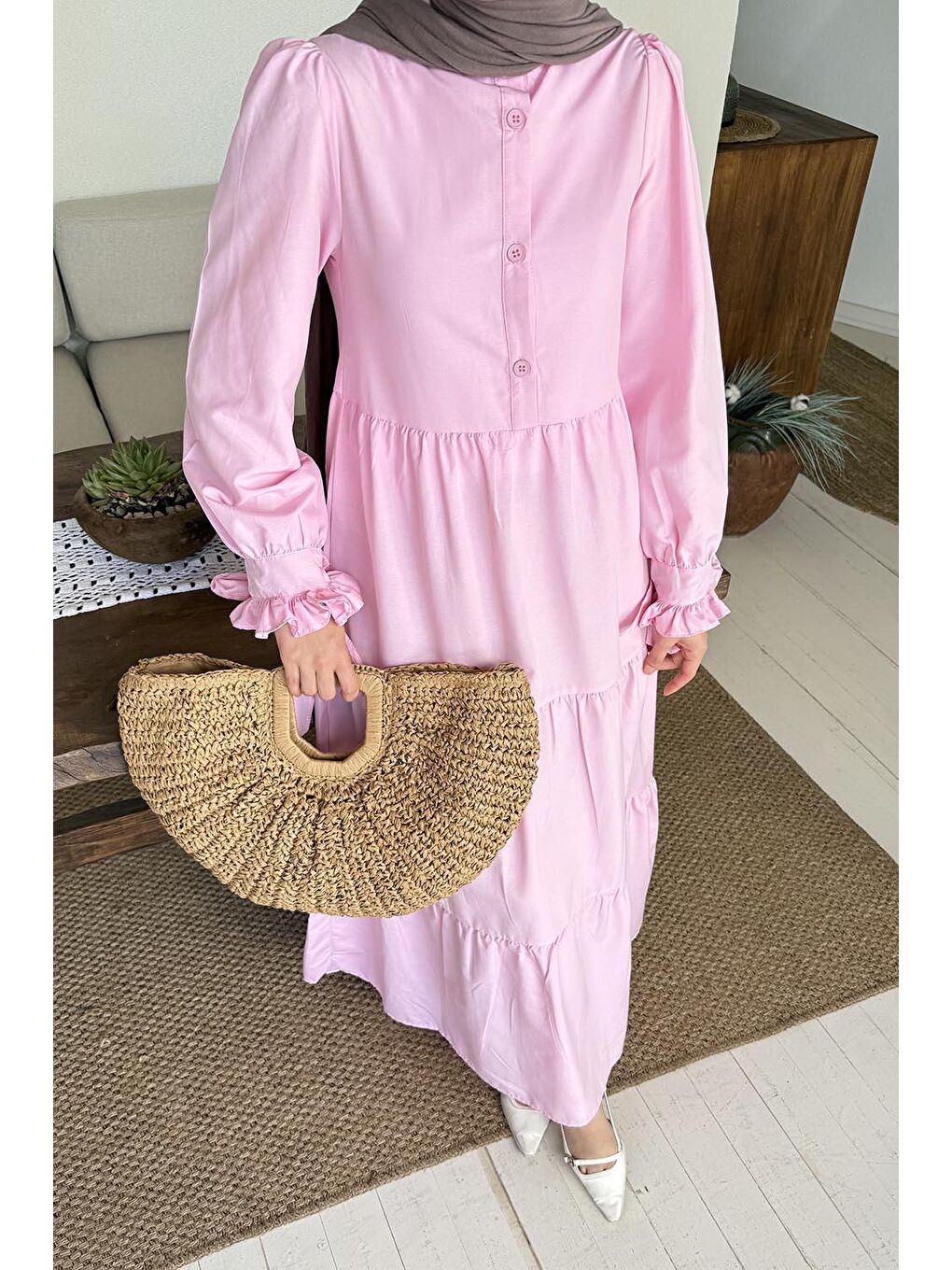 Kol Bağlama Detaylı Tesettür Elbise Pembe-1