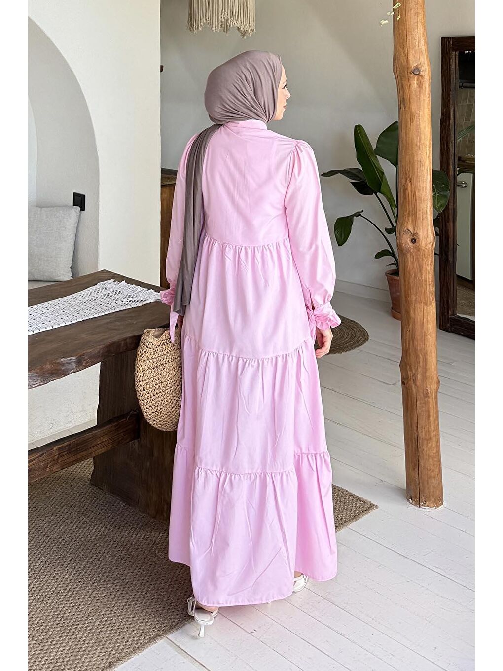 Kol Bağlama Detaylı Tesettür Elbise Pembe-3