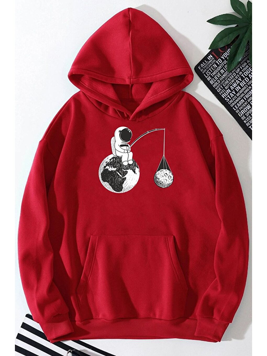 uyguntarz Kirmizi Unisex Uzay Temalı Baskılı Sweatshirt