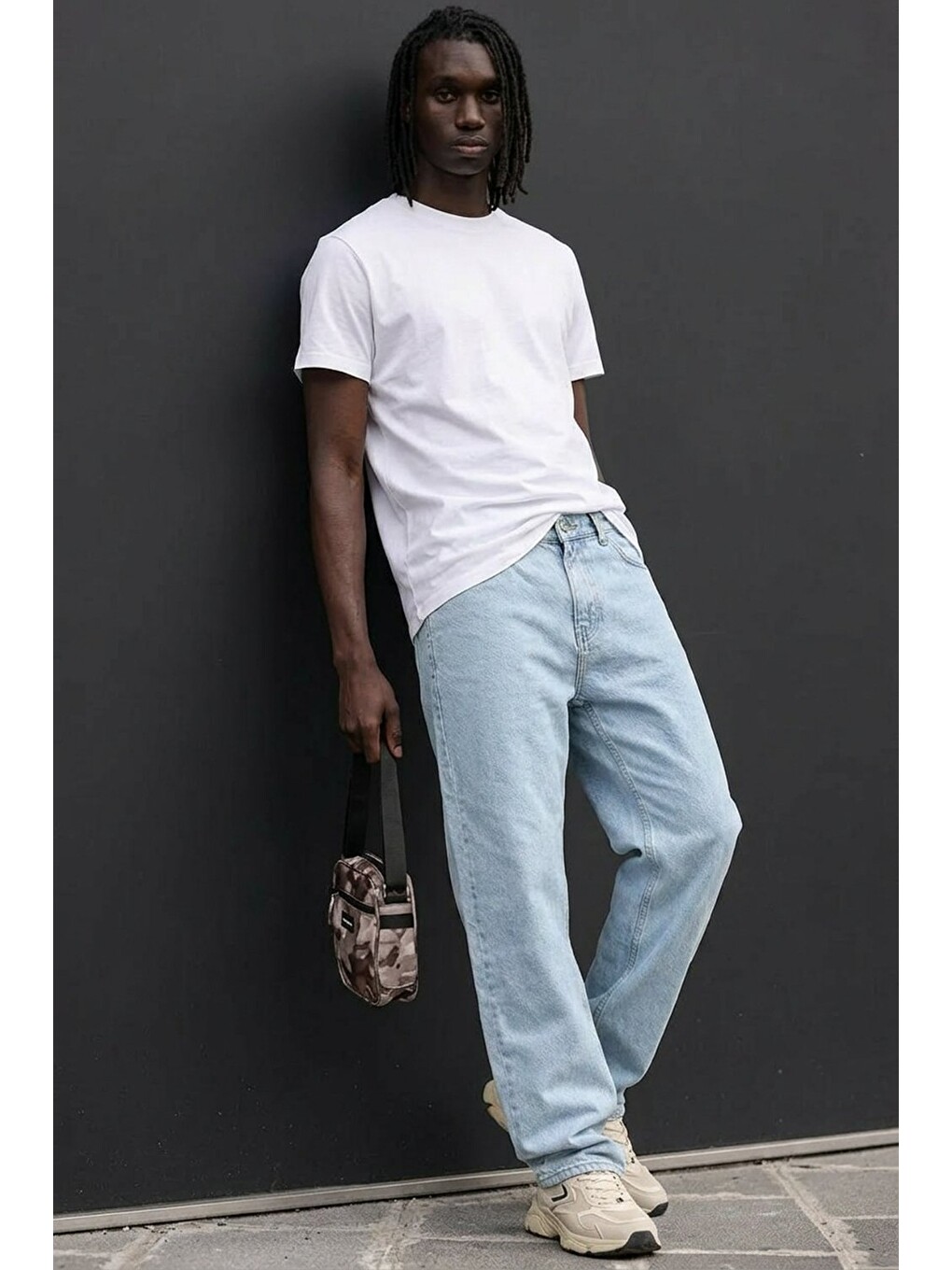Erkek Pamuklu Casual Buz Mavi Bol Jean Pantolon-3
