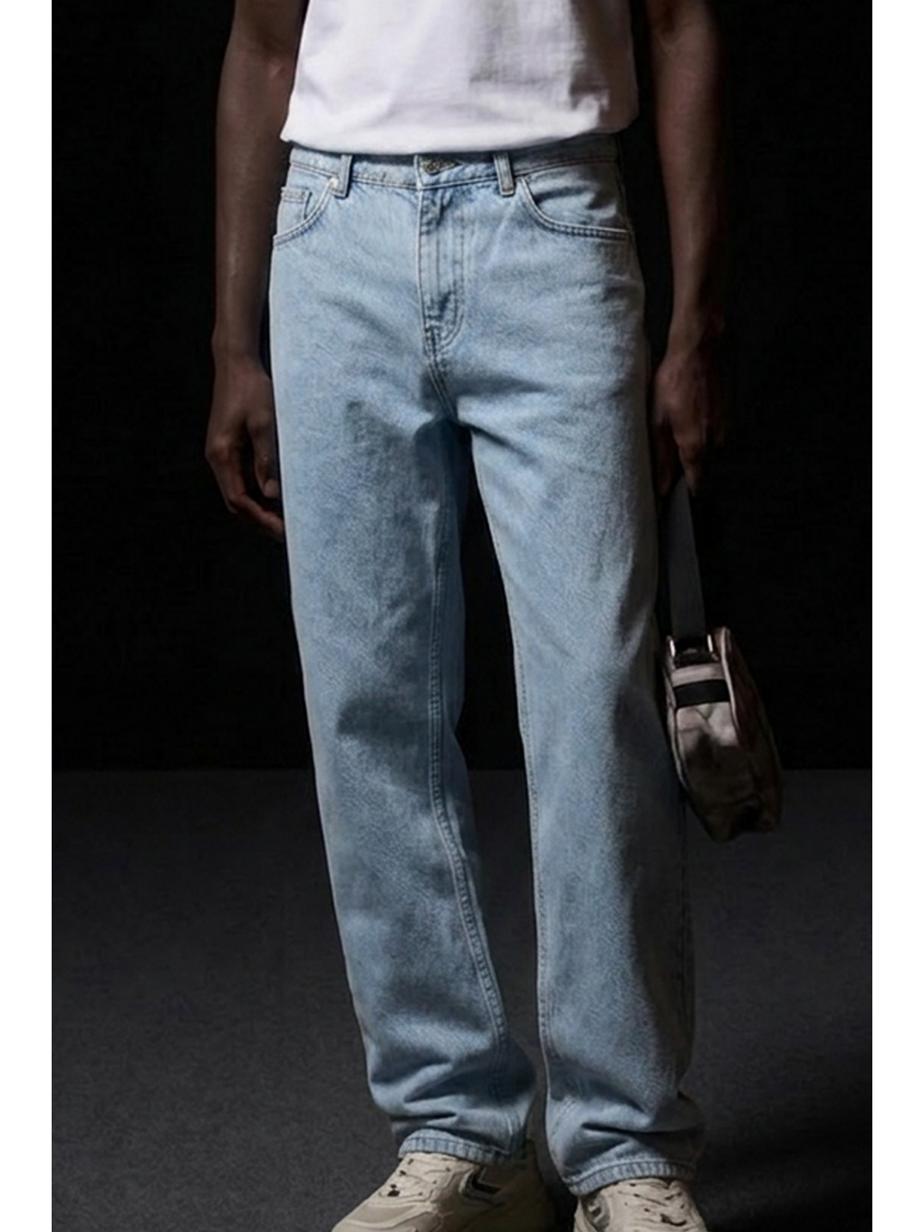 Erkek Pamuklu Casual Buz Mavi Bol Jean Pantolon-4