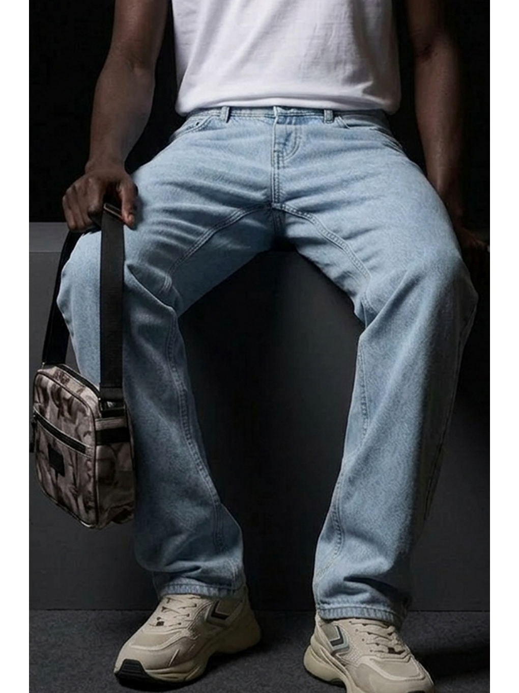 Erkek Pamuklu Casual Buz Mavi Bol Jean Pantolon-5