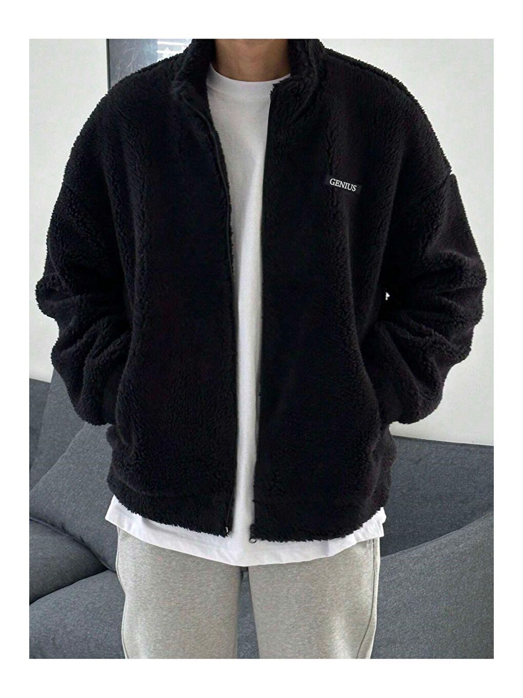 GENIUS STORE Siyah Oversize Tam Fermuarlı Kuzu Sweatshirt İçi Polarlı Sherpa Kumaş Sweatshirt - 1