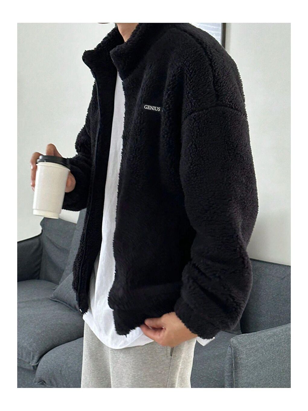 GENIUS STORE Siyah Oversize Tam Fermuarlı Kuzu Sweatshirt İçi Polarlı Sherpa Kumaş Sweatshirt - 2