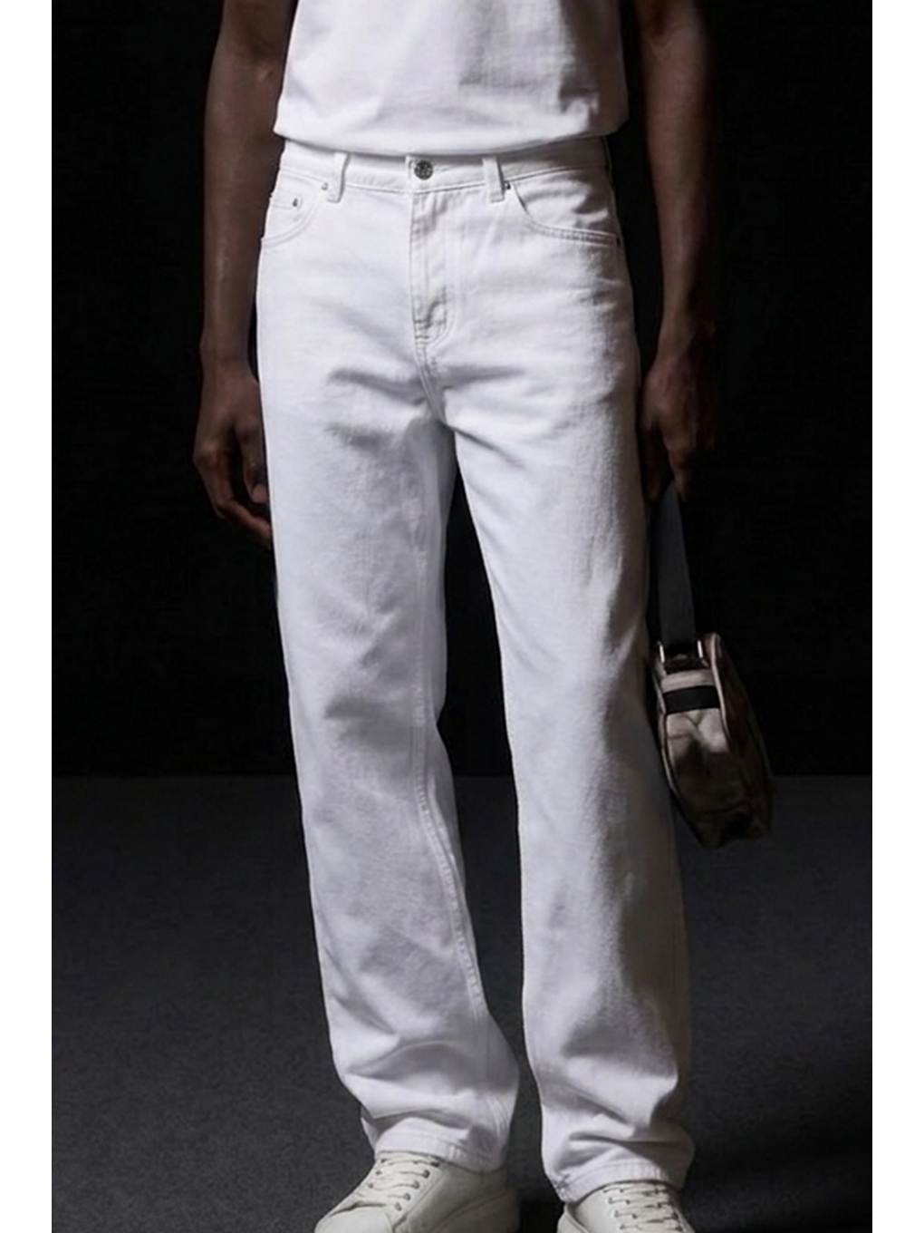 Erkek Pamuklu Casual Beyaz Bol Jean Pantolon-4