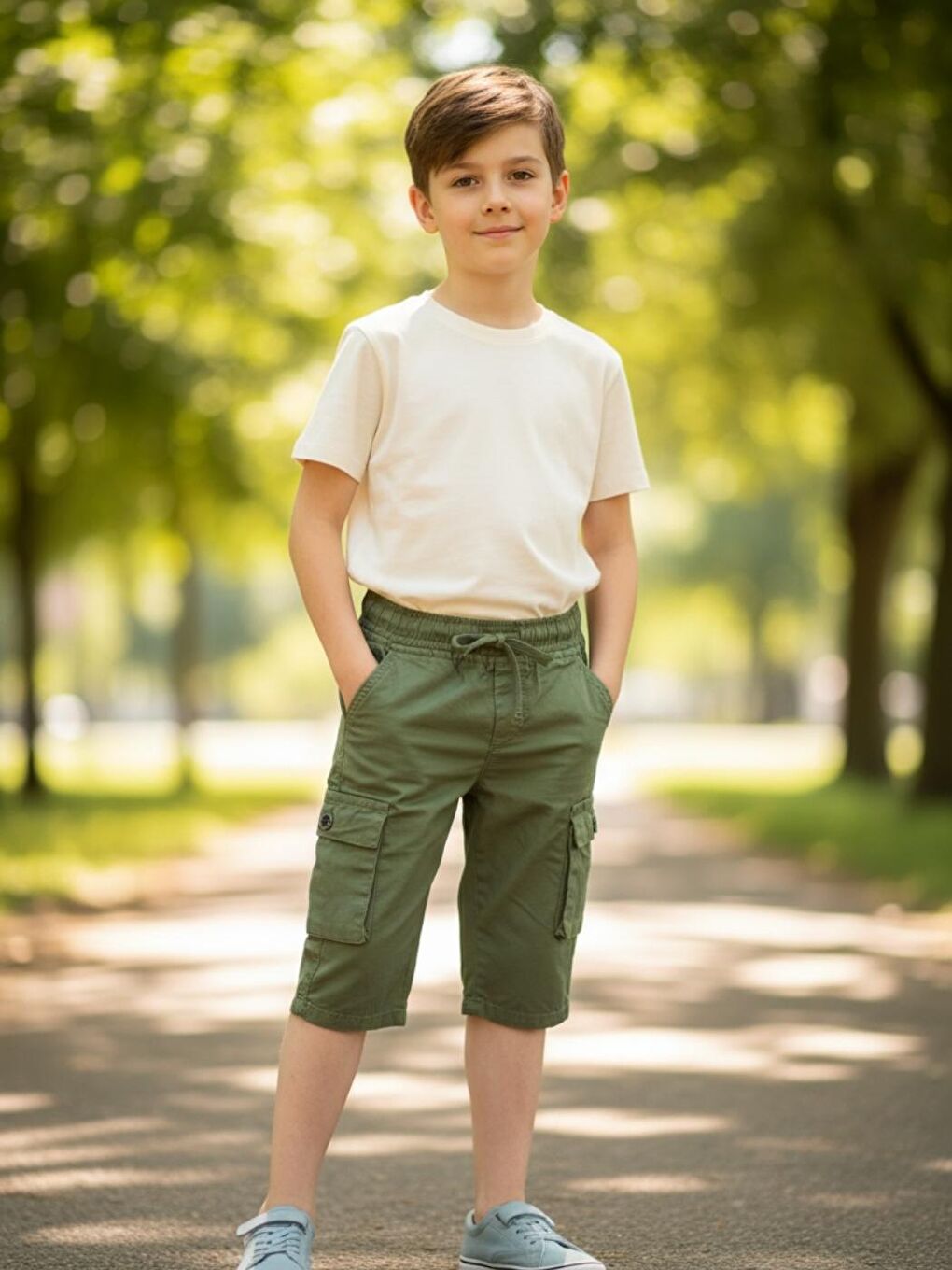 Haki Erkek Çocuk Bel Lastikli Yan Cepli 3-14 Yaş Kapri Şort