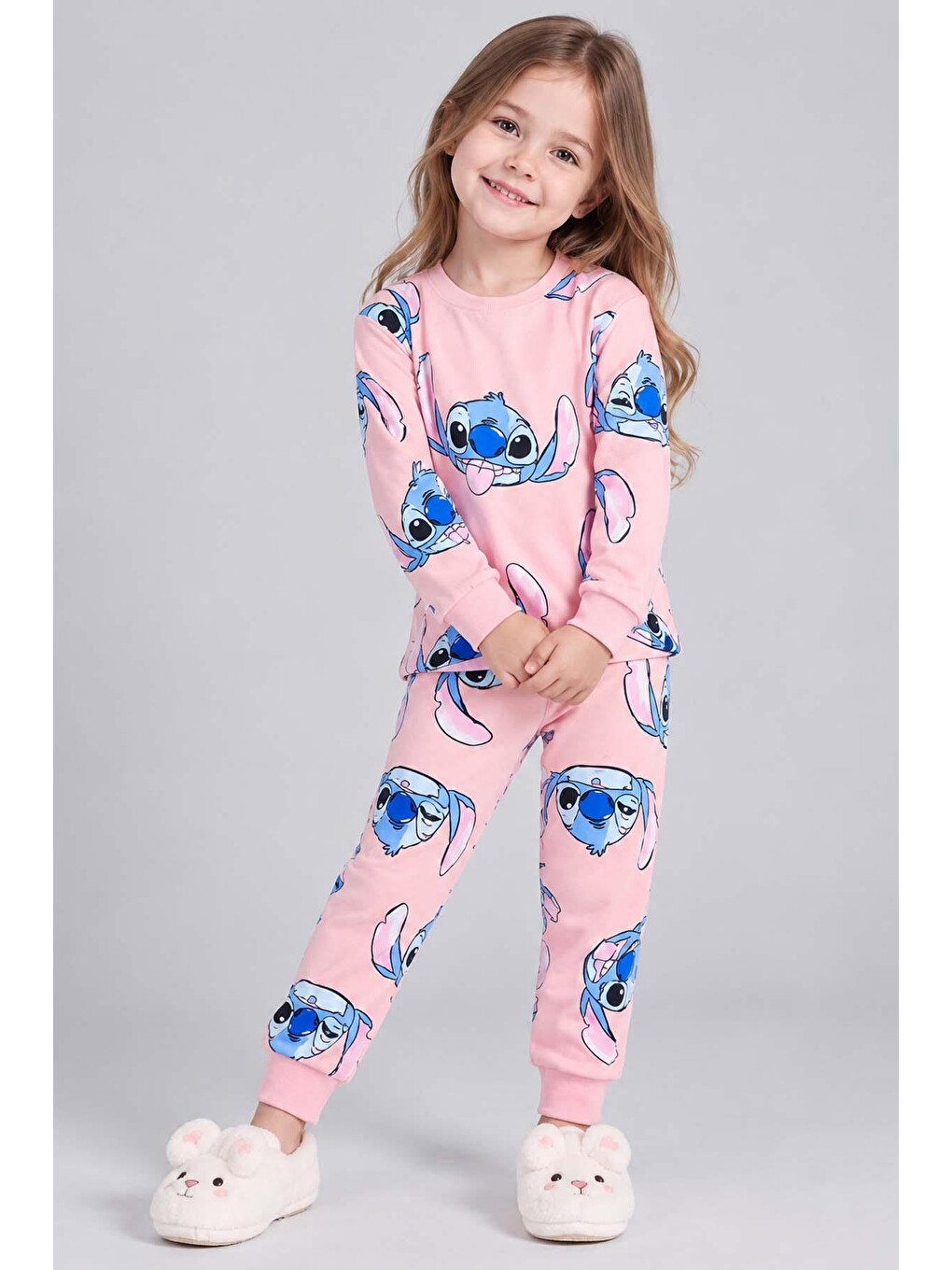 Kız Çocuk Bisiklet Yaka Bilekleri Stitch Baskılı Pembe Pijama Takımı