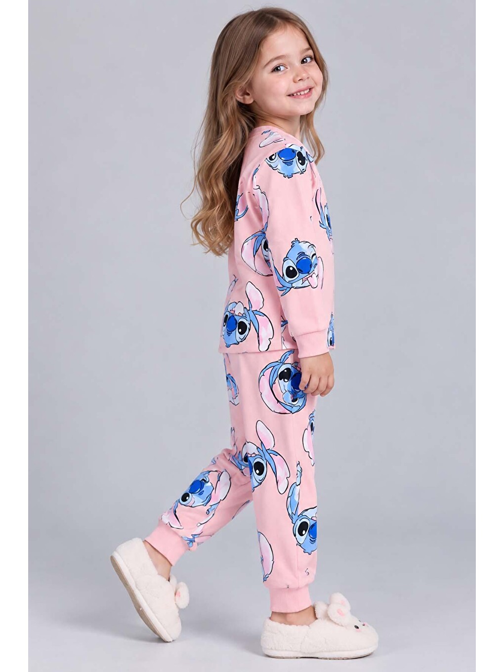 Kız Çocuk Bisiklet Yaka Bilekleri Stitch Baskılı Pembe Pijama Takımı-1